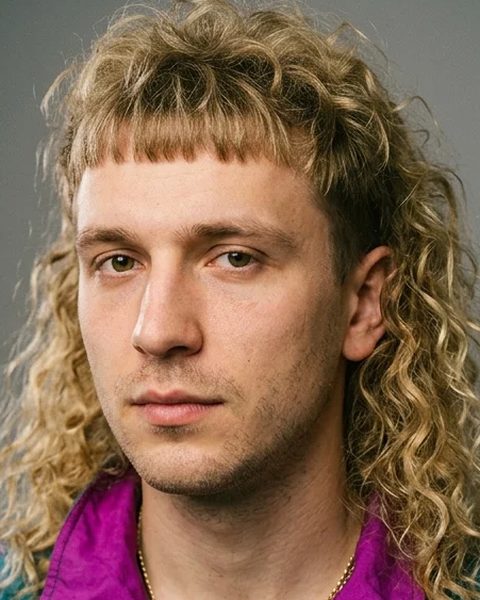 Homem com mullet loiro cacheado e jaqueta esportiva anos 90
