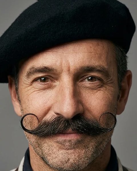 Homem de boina com bigode enrolado em círculos