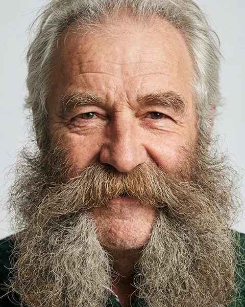 Senhor com costeletas que se unem a um bigode enorme
