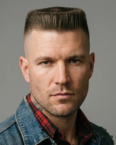 Homem com corte flat-top e colete jeans
