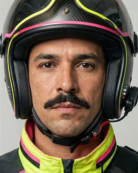 Entregador com capacete futurista e bigode fino