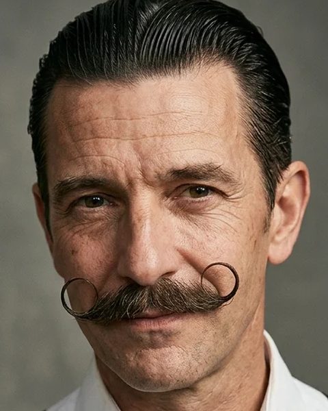 Homem de cabelo lambido com bigode em dois aros