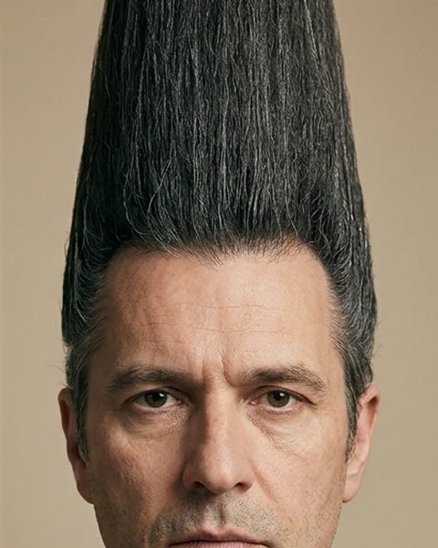 Homem sério com cabelo esculpido em cone alto